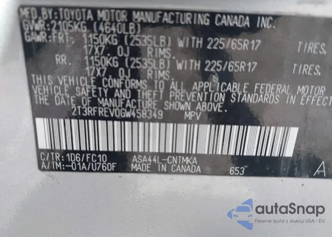 2016 Toyota Rav4 Xle из США, поврежденный, VIN 2T3RFREV0GW458349